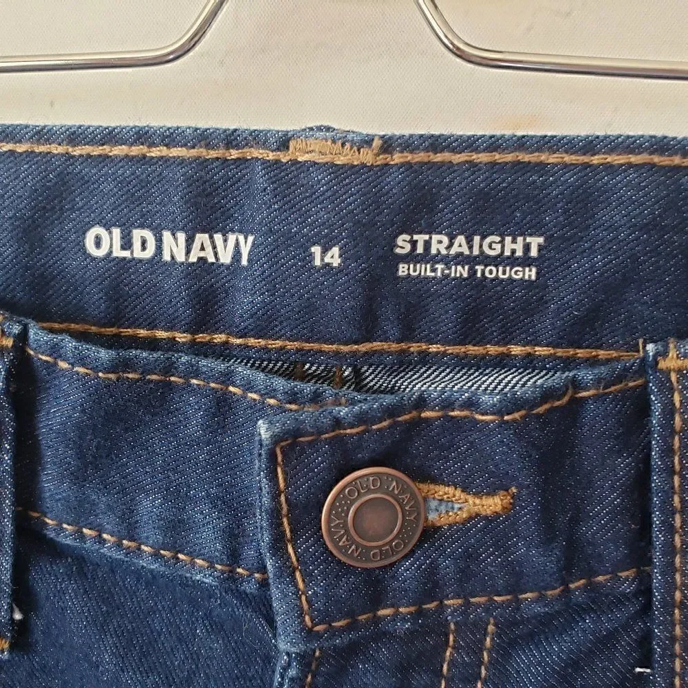 Old Navy Boys Straight Jeans Size 14 Built In Tough Adjustable Waist Dark Blue